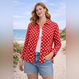 Talbots Petite Red Polka Dot Linen Button Front Jacket Top 6P